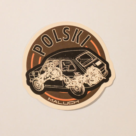 Sticker with a car design and 'Polski Maluch' text on a beige background